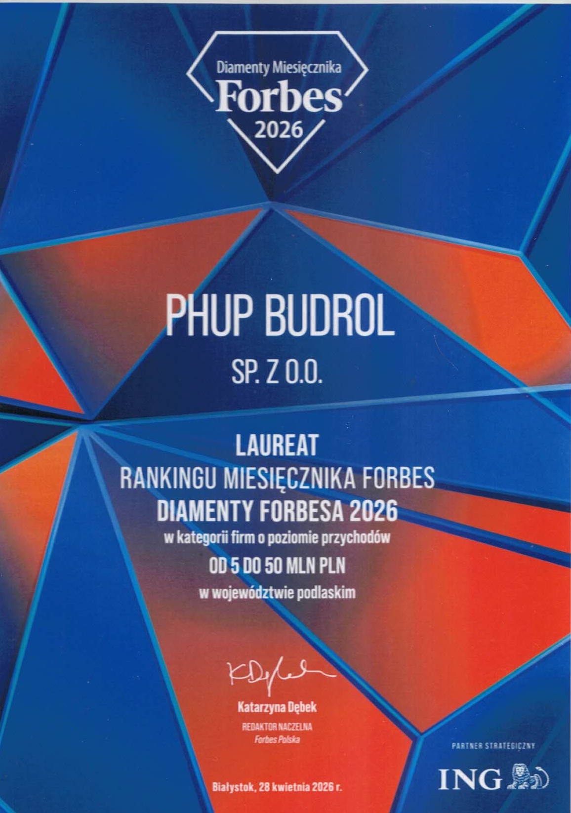 Certyfikat Diamenty Forbesa 2026 dla PHUP Budrol Sp. z o.o.
